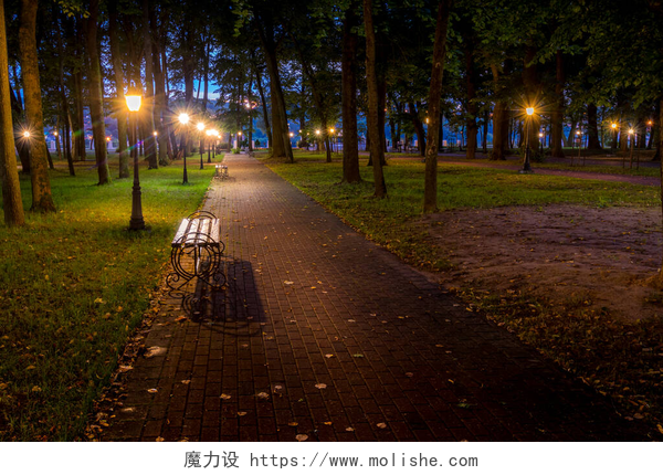 在入秋季节里的晚上在初秋的时候，一个由石子路、树木、落叶和长椅组成的灯笼点亮的夜间公园。城市景观.